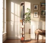 Espejo giratorio de 360° de longitud completa con colgador de madera, espejo de pie 2 en 1 y perchero, ideal para dormitorio y vestidor, colgador de gancho de cuerpo completo para un uso fácil
