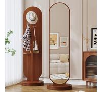Espejo giratorio de 360° de longitud completa con perchero, espejo de piso de madera maciza 2 en 1, espejo alto para dormitorio, sala de estar, decoración elegante del hogar