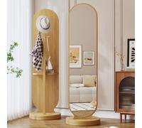 Espejo giratorio de 360° de longitud completa con perchero, espejo de piso de madera maciza 2 en 1, espejo de tocador alto para dormitorio y sala de estar, decoración elegante del hogar