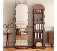 Espejo giratorio de longitud completa con estantería, espejo ondulado de cuerpo completo y espacio de almacenamiento abierto de 5 niveles, rotación de 360°, espejos de pie con almacenamiento para sala