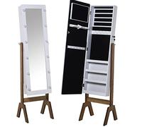 Espejo joyero de pie de Madera con Luces de neón en Blanco y Natural 40x37x155cm, INT. 25x109cm