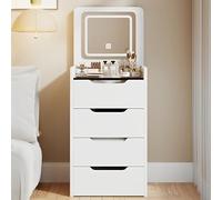Espejo LED ajustable con 3 ajustes de color, diseño plegable, taburete oculto con cajones, mesita de noche multifuncional, color blanco, 18.9 pulgadas, perfecto para dormitorio y uso de maquillaje
