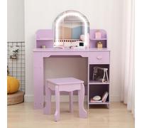 Espejo LED Ajustable e Iluminado Para Tocador Infantil. Escritorio de Madera Con Silla, Estantería, Cajón y Estantes Abiertos, Ideal Para Dormitorio o Sala de Juegos de Niñas, Púrpura Con Accesorios