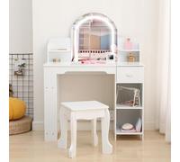 Espejo LED Ajustable e Iluminado Para Tocador Infantil. Escritorio de Madera Con Silla, Estantería, Cajón y Estantes Abiertos, Ideal Para Dormitorio o Sala de Juegos de Niñas, Blanca Con Accesorios