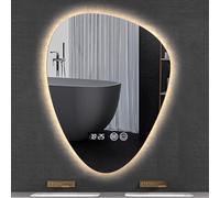 Espejo LED irregular retroiluminado para baño, montado en la pared, inastillable, 3 colores, regulable, moderno, espejo de maquillaje con película antivaho, pantalla de tiempo y temperatura (50 x 70