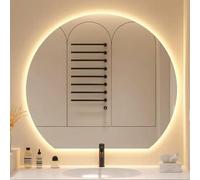 Espejo LED semicircular regulable sin marco, espejo decorativo iluminado de 50 x 45 cm a 90 x 81 cm, 3 opciones de color, corte hacia abajo/izquierda/derecha, ideal para uso en baño y tocador