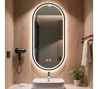 Espejo Ovalado Con Marco De Aluminio, Espejo De Baño LED, Retroiluminación + Frontal, 3 Colores Regulables, Espejo De Pared, Espejo De Maquillaje Inteligente, HD, A Prueba De(Size:40x70CM,Color:Negro)