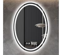Espejo ovalado inteligente para montar en la pared con luz, moderno espejo de maquillaje LED regulable, película antivaho, retroiluminado tricolor, espejo de tocador de baño con pantalla de tiempo y