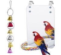 Espejo para pájaros con percha de cuerda y campana de viento, juguete de loro para cacatúas, tortolitos, conures y más