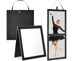Espejo plegable para detrás del escenario con asa, 33.5 x 13.4 pulgadas, espejo plegable de cuero, rectangular, para viajes, bolsa de baile, hogar, fitness, spa, regalo para bailarines (color negro)
