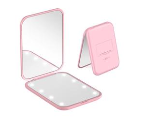 Espejo portátil con luz LED para Viaje, Espejo de Bolso con Aumento 1x/3x, Plegable pequeño Espejo para Maquillaje para Cartera, Viaje y Uso Diario, Rosa