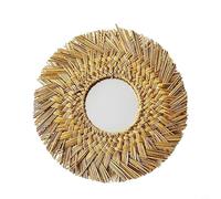 Espejo redondo con marco de cuerda de paja y borde de cuentas de madera para decoración de pared elegante de granja en cualquier espacio interior (dorado)