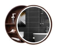 Espejo redondo de madera para montar en la pared con tira de luz LED y armario de almacenamiento, 70 cm, color marrón, elegante decoración de baño y solución que ahorra espacio