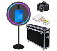 Espejo redondo para fotomatón, marco LED portátil, pantalla táctil de 21.5 pulgadas, máquina de cabina de espejo mágico para eventos de fiesta de boda (negro, cabina de fotos, cámara, mini impresora)