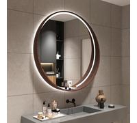 Espejos baño con luz led inteligente,retroiluminado Redondo espejo maquillaje de pared,3 Color Regulable Espejo de tocador,Marco de madera maciza,espejo baño antivaho con luz led,Inastillable(Walnut,6