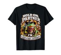 Espera a mi compañero Soy Sobreestimulado Western Cowboy Frog Meme Camiseta