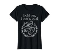 Espera, Veo un pájaro - Bird on Binoculars Line Camiseta gráfica económica, Mujer, Negro, XS