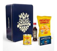 Espinaler Cesta Gourmet Aperitivo - Pack Regalo con Vermut Rojo 10 cl, Patatas Fritas, Aceitunas Rellenas de Anchoa y Mejillones en Escabeche en Caja Vintage - Caja Regalo Vintage.