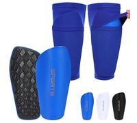 Espinilleras de fútbol incluyendo medias con bolsillo y mangas antideslizantes, espinilleras de fútbol para niños, adolescentes y adultos (azul, L)