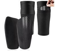 Espinilleras de fútbol para niños y hombres, incluye medias con bolsillo optimizado, para adultos y jóvenes, cómodas de llevar, ofrece una fuerte protección (patrón de carbono, S)