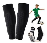 Espinilleras Futbol Niño, Set De Espinilleras De Fútbol para Niños - Canilleras De Compresión con Panal y Calcetines Antideslizantes (Negro) - Protección Completa para Niños
