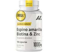 Espino Amarillo con Biotina Ultra (5.000 mcg) y Zinc - 180 Perlas | Alta Concentración: 1000 mg de Aceite de Espino Amarillo con Omega 7 Natural | Piel, Cabello, Uñas y Mucosas - Sin Gluten ni Lactosa