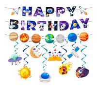 Espiral Decorativa con Pancartas Sobre el Tema del Espacio - 1 Set Banner de Feliz Cumpleaños Espacial + 8 Pcs Espiral de Suspensión Espacial para Fiesta Temática Espacial