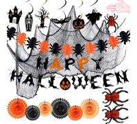 Espirales Colgantes Halloween Set Decoración Halloween 6 Piezas + 1 Guirnalda Araña 3m + 1 Banner Feliz Halloween + 2 Arañas 35cm + 6 Decoraciones Colgantes + 1 Tela Negra 76x230cm