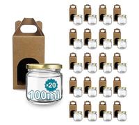 Espirito Rebelde 20 tarros de vidrio vacíos de 100 ml con tapas y 20 tarros de cartón para 1 frasco de mermelada Incluyen tapa dorada de rosca para mermelada, conservas, miel