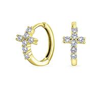 Espiritual Pequeño Religioso Kpop Cz Cruz Huggie Pequeño Pendientesde Aros Para Mujeres Para Hombres Pave Cubic Zirconia Amarillo 14K Oro .925 Sterling Silver