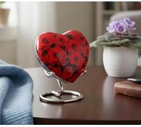 eSplanade Mini urna de cremación de latón en forma de corazón para recuerdo conmemorativo, urna pequeña con soporte para cenizas funerarias, recuerdo impreso con rosas rojas, rojo, 2.75 pulgadas