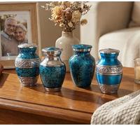 eSplanade Tarro conmemorativo de metal con forma de urna de cremación, juego de 4, urnas pequeñas para entierro de cenizas funerarias, recuerdos grabados y texturizados, azul, 3 pulgadas