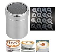 Espolvoreador de Cacao de Acero Inoxidable - Juego de Plantillas para Café y Cappuccino, Colador con Tapa, Accesorios Barista para Decorar Chocolate Caliente, Pasteles y Postres - Set de 16 Moldes