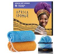 Esponja africana auténtica - 2 piezas exfoliante corporal esponja de baño azul bebé y naranja - Paño de limpieza de espalda para ducha - Exfoliante africano real, accesorios de baño para el cuidado
