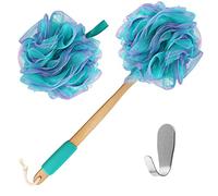 Esponja de baño con infusión de fibra de carbón de bambú para hombres y mujeres, incluye 1 esponja de mango de madera, 1 puf de luffa y 1 gancho para colgar lufa y otras cosas, color verde