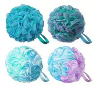 Esponja de baño de 75 g, 4 esponjas de ducha recicladas, flores de ducha de malla espumosa lavables, flor de baño unisex de lufa, exfoliante para limpiar la piel (azul)