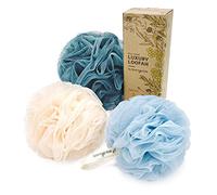Esponja de lufa de doble textura grande 70 g, paquete de 3 selladas al vacío, exfoliante corporal, baño y ducha, hermosos colores para mujeres y hombres