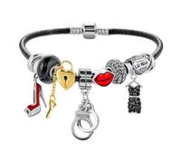 Esposa Caliente Socios En El Crimen Sexy S&M Sombras De Grey Pulsera Temática De Cristales Con Esposas Y Múltiples Dijes Cuero Negro Genuino Para Mujeres .925 Plata Esterlina 6.5 Pulgadas