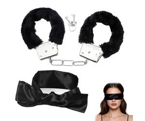 Esposas de Metal con Felpa Negra, Esposas Set con 2 Llaves y 1 Antifaces para Dormir, Esposa de Metal Accesorios para Fiesta Juguetes Parejas