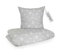 Esprit Ropa de cama de franela, 140 x 200 cm, algodón gris, copos de nieve, ropa de cama de lujo, 2 piezas, suave y mullida, 140 x 200 cm, funda de edredón y funda de almohada de 70 x 90 cm, invierno