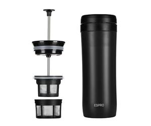 ESPRO® Travel Press con Filtro de café, Acero Inoxidable, Negro, 7.2 x 7.2 x 20.4 cm