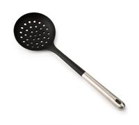 ARCOS Espumadera de Silicona, redondeada y Flexible de 350 mm para escurrir frituras de sartnes y cacerolas. Mango y Cuerpo de Acero Inoxidable. Resiste 240º. Color Negro y gris