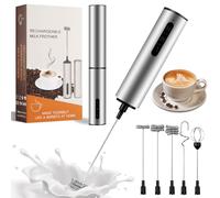 Espumador de Leche Eléctrico, USB-C Recargable, con 3 Velocidades y 5 Accesorios, Batidor de Mano Portátil en Acero Inoxidable para Café, Latte, Cappuccino, Matcha, Nata, Huevos, Chocolate