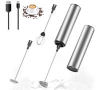 Espumador de Leche Mini,Espumador de Leche Eléctrico con Reemplazo Cabezal Doble/Simple Batidor de Acero Inoxidable,2 Velocidades USB Recargable Batidor de Leche para Leche, Café, Huevos Salsas,Plata