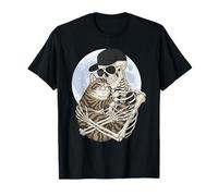 Esqueleto Abrazando Gato papá mamá Divertido Lindo Halloween Luna Calavera Camiseta