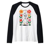 Esqueleto Bailando Entre Flores Vibrantes Camiseta Manga Raglan
