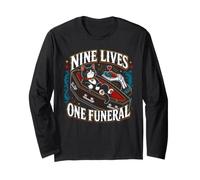 Esqueleto Cat Nine Lives One Funeral Spooky Kitty Lover Manga Larga