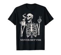 Esqueleto de Halloween Tomando café: Nunca se ha Visto Tan Camiseta gráfica económica, Hombre, Negro, S