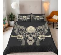 Esqueleto Funda Nordica 155x220cm Patrón De Pistola con Alas De Calavera Funda Nordica Cama 90 Ropa Cama con Estampado Microfibra Juego de Fundas Edredon 3 Piezas con 2 Fundas de Almohada 50x75cm