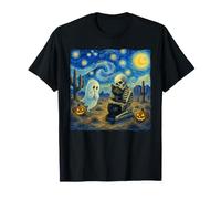 Esqueleto Hugging Cat Van Gogh Halloween Ghost Starry Night Camiseta